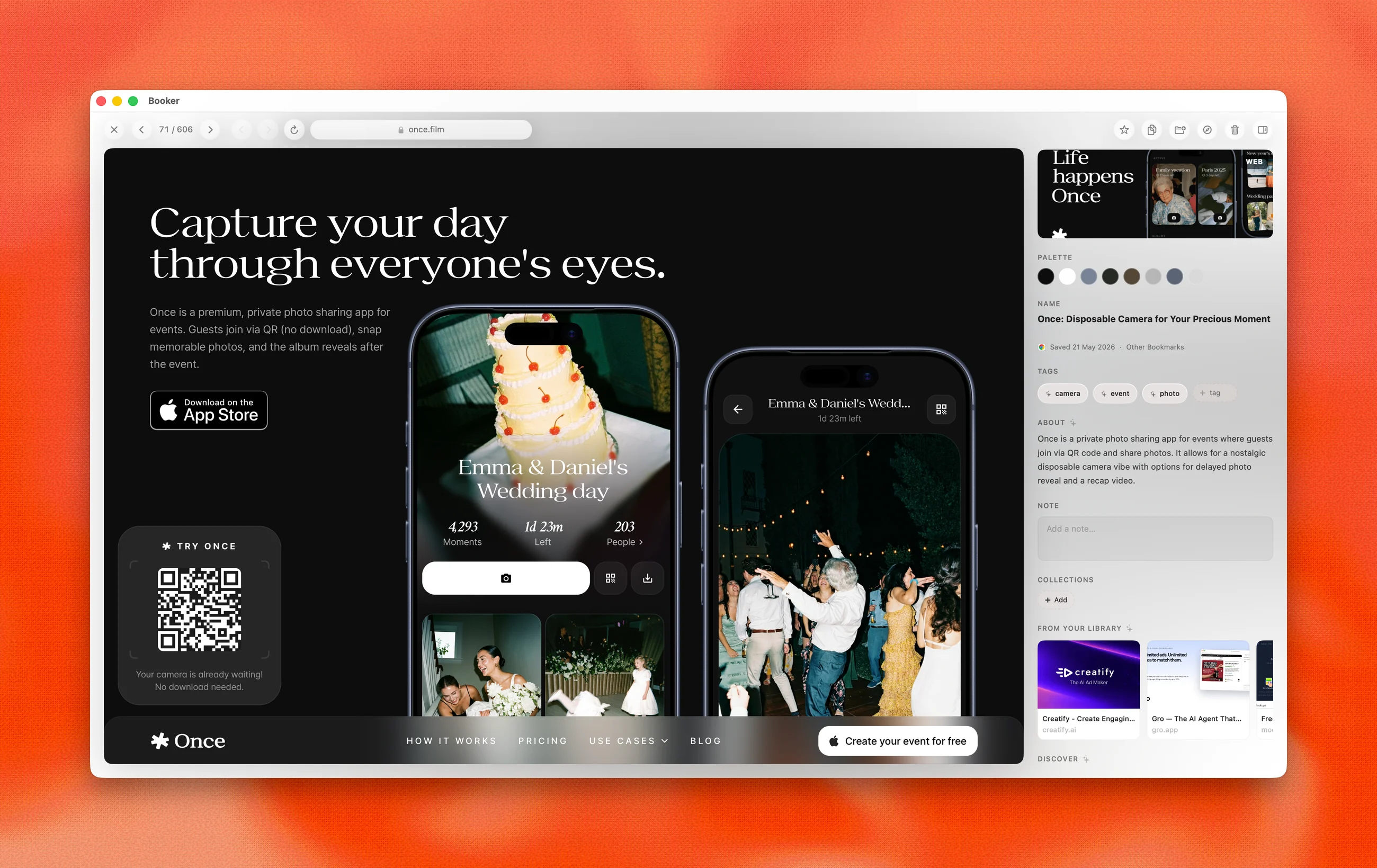 Booker detail page with built-in browser, extracted color palette, and AI tags